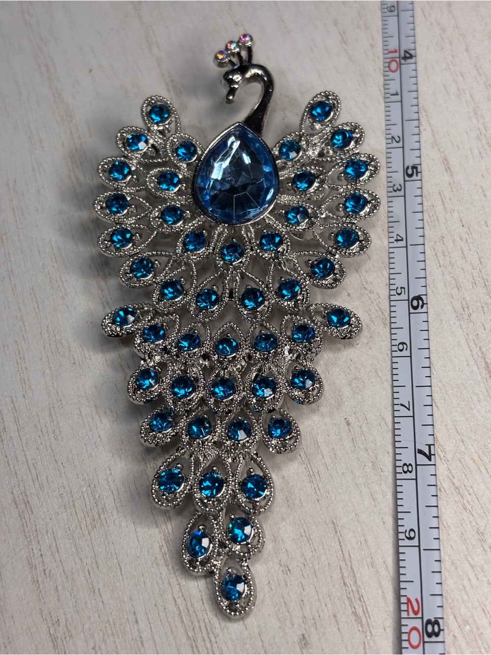 Blue Rhinestone Peacock Brooch Large Statement Crystal Bird Pin Silver Tone - Picture 2 of 3